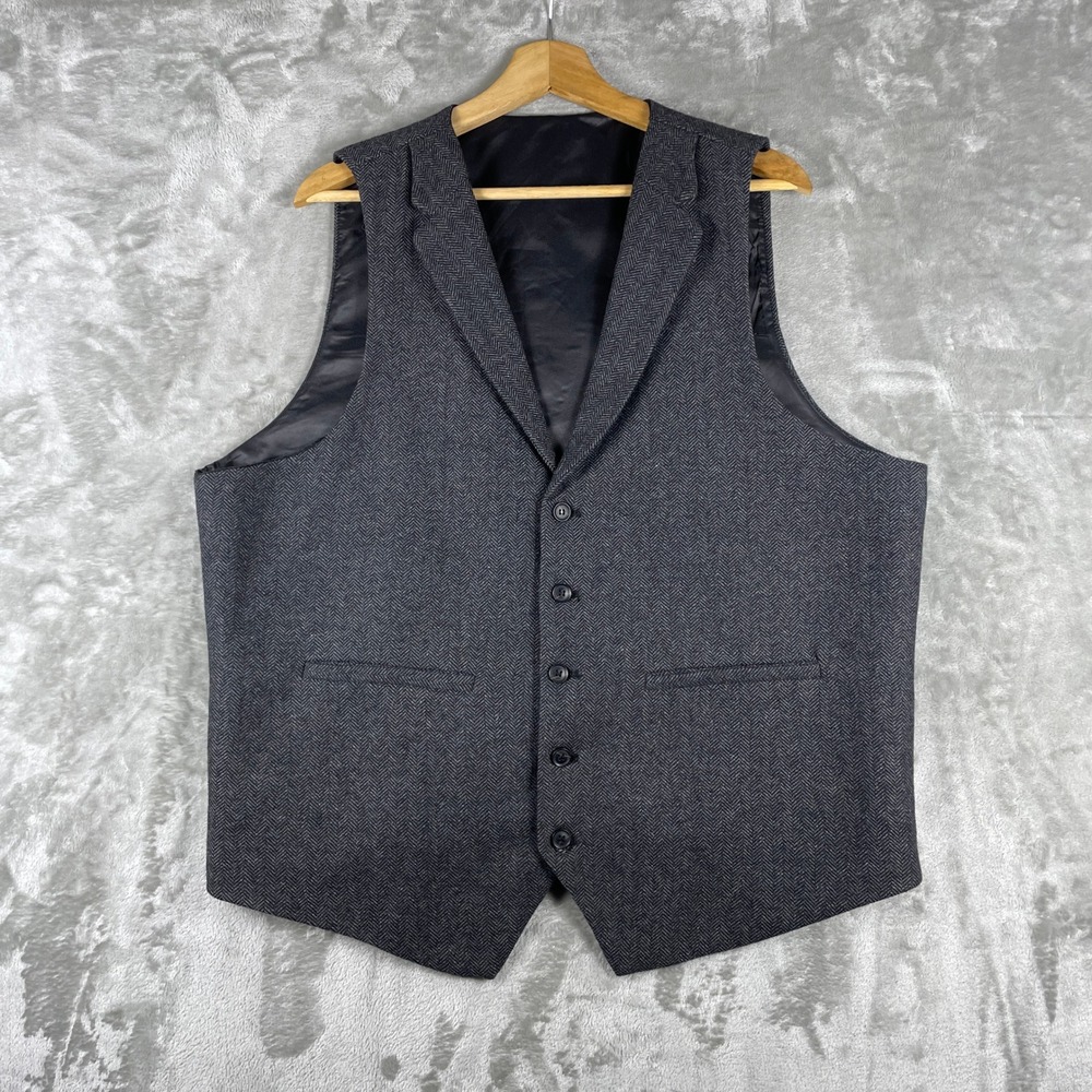 VOBOOM Suit Vest Men XXL Grey Herringbone Wool Blend Lapel Waistcoat